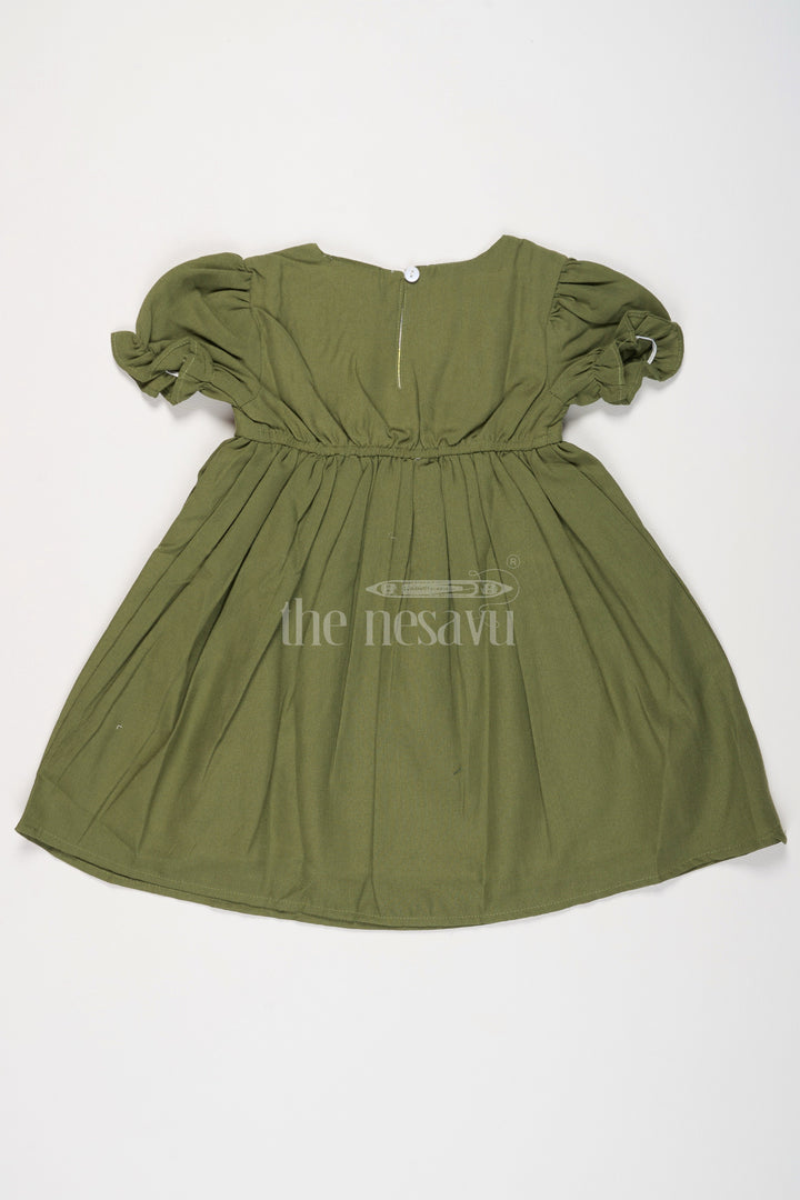 Girls Olive Green Cotton Frock with Front Yoke Embroidery and Puff Sleeves in Smart frock front design