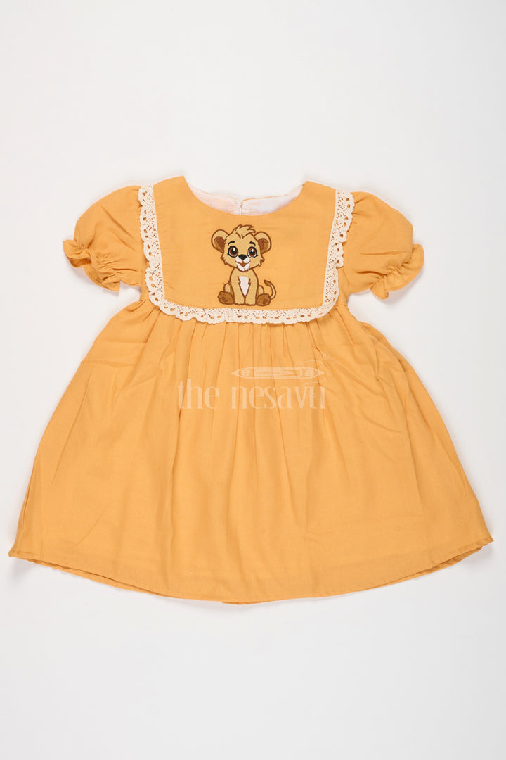 Girls Mustard Cotton Frock with Embroidered Yoke and Puff Sleeves in Simple frock design cotton Look