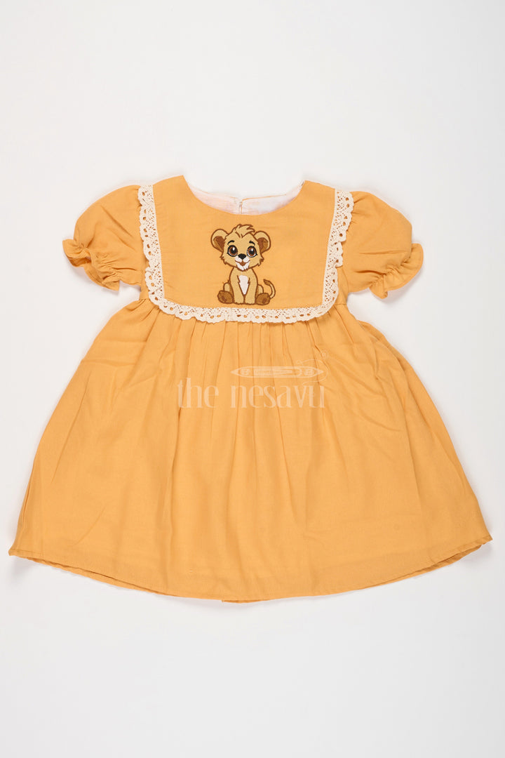 Girls Mustard Cotton Frock with Embroidered Yoke and Puff Sleeves in Simple frock design cotton Look