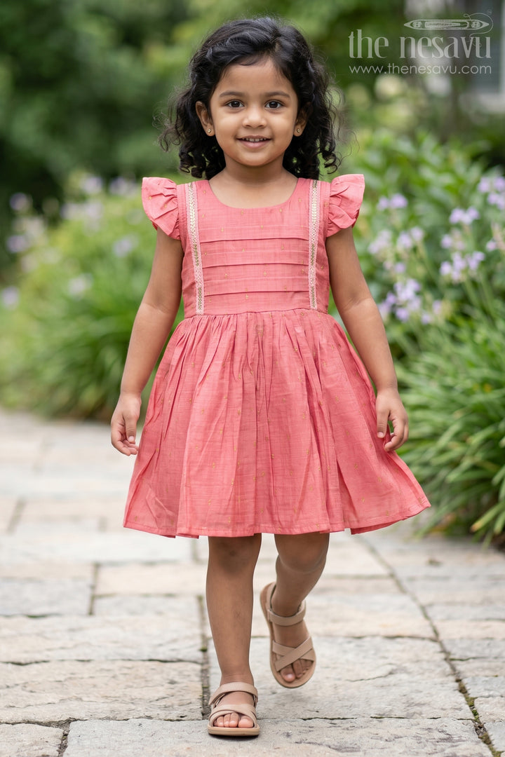 Red Chanderi Frock for Girls with Ruffled Sleeves and Pleated Bodice Perfect for Night Party