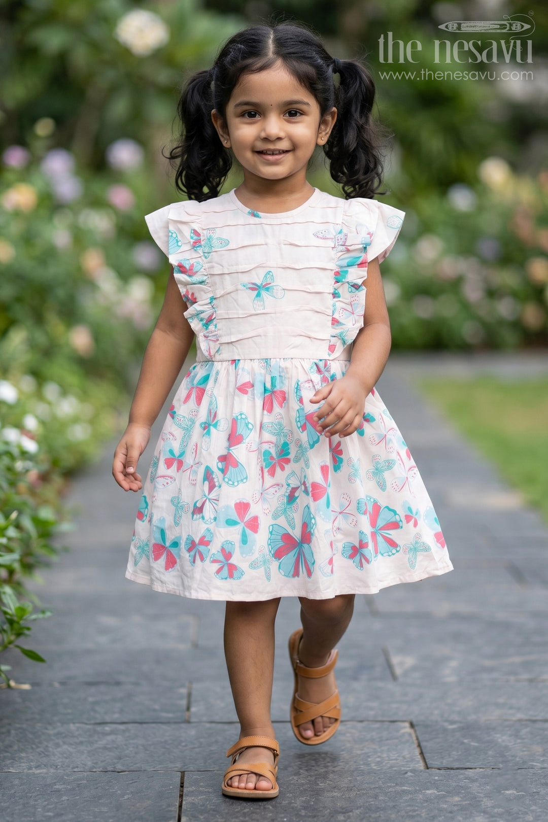 Lovely Cotton Frock for Girls with Butterfly Print and Ruffle Sleeves Ideal for Stylish Outings