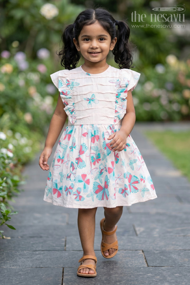 Lovely Cotton Frock for Girls with Butterfly Print and Ruffle Sleeves Ideal for Stylish Outings