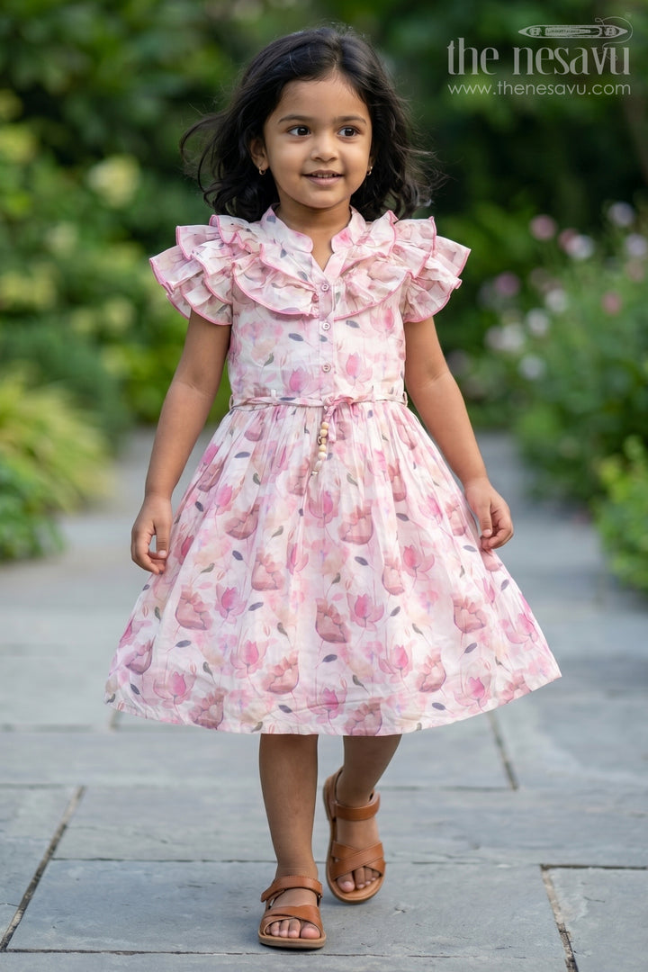 Delicate Floral Cotton Frock for Girls with Ruffle Sleeves Trendy Design for Frock