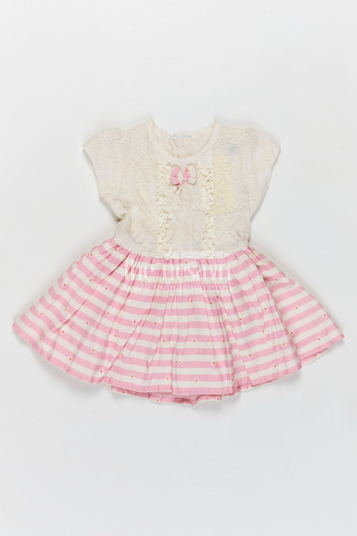 Girls Cream and Pink Striped Cotton Frock with Ruffle Front and Bow for Sweet frock cotton design Style
