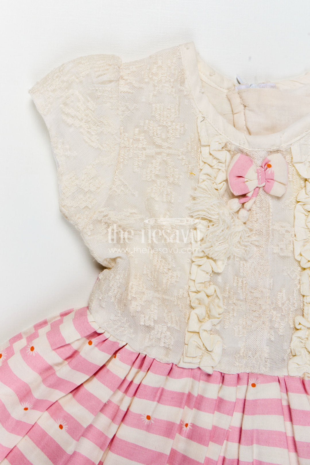 Girls Cream and Pink Striped Cotton Frock with Ruffle Front and Bow for Sweet frock cotton design Style