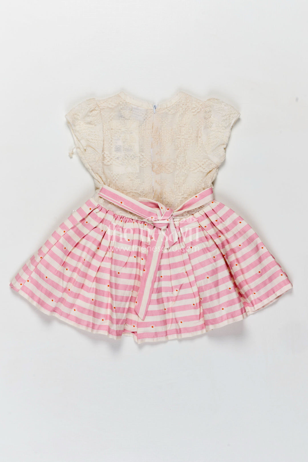 Girls Cream and Pink Striped Cotton Frock with Ruffle Front and Bow for Sweet frock cotton design Style