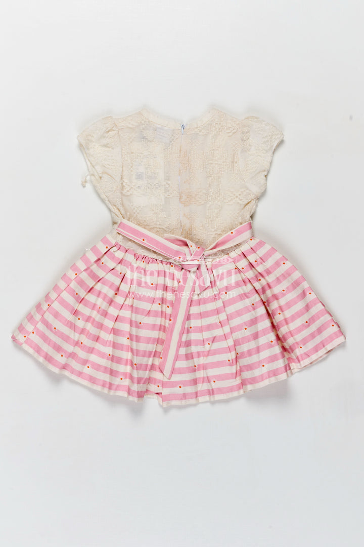 Girls Cream and Pink Striped Cotton Frock with Ruffle Front and Bow for Sweet frock cotton design Style