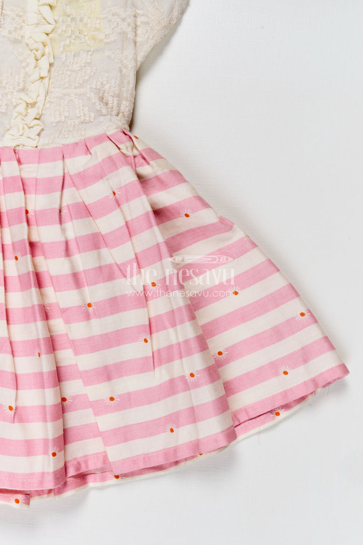 Girls Cream and Pink Striped Cotton Frock with Ruffle Front and Bow for Sweet frock cotton design Style