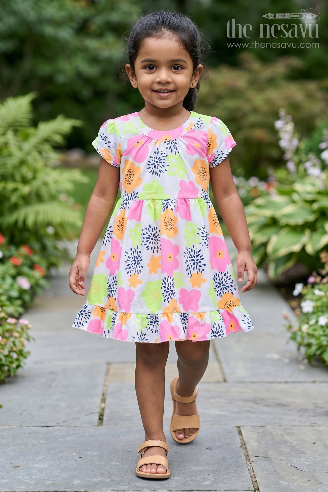 Girls Cotton Party Wear Dress with Vibrant Floral Prints and Ruffles