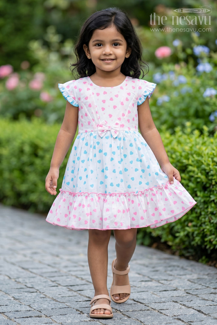 Cotton Ruffle Dress for Girls with Heart Prints and Elegant Bow