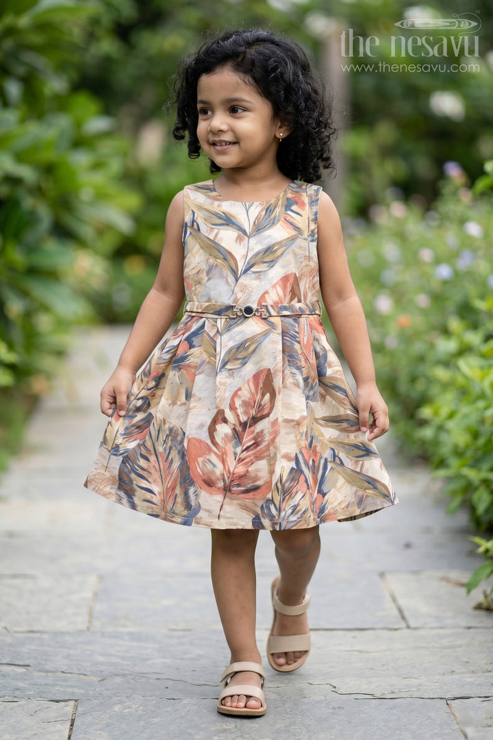 Girls Cotton Fancy Frock with Artistic Tropical Print and Stylish Waist Belt