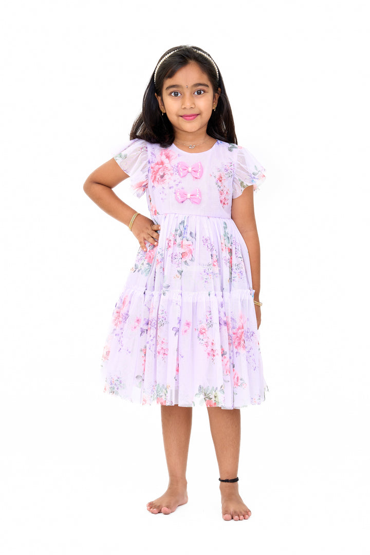 Elegant Floral Georgette Frock with Layered Ruffles and Bow Embellishments for Girls