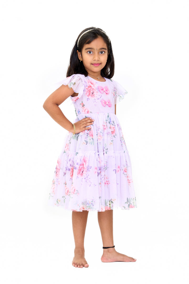 Elegant Floral Georgette Frock with Layered Ruffles and Bow Embellishments for Girls