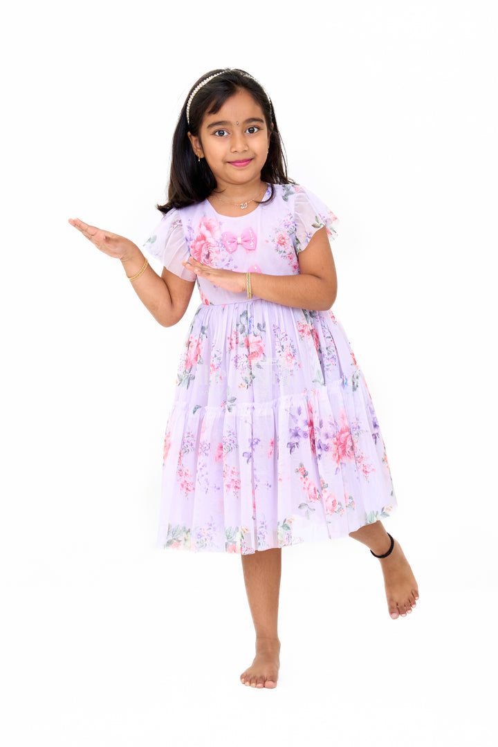 Elegant Floral Georgette Frock with Layered Ruffles and Bow Embellishments for Girls