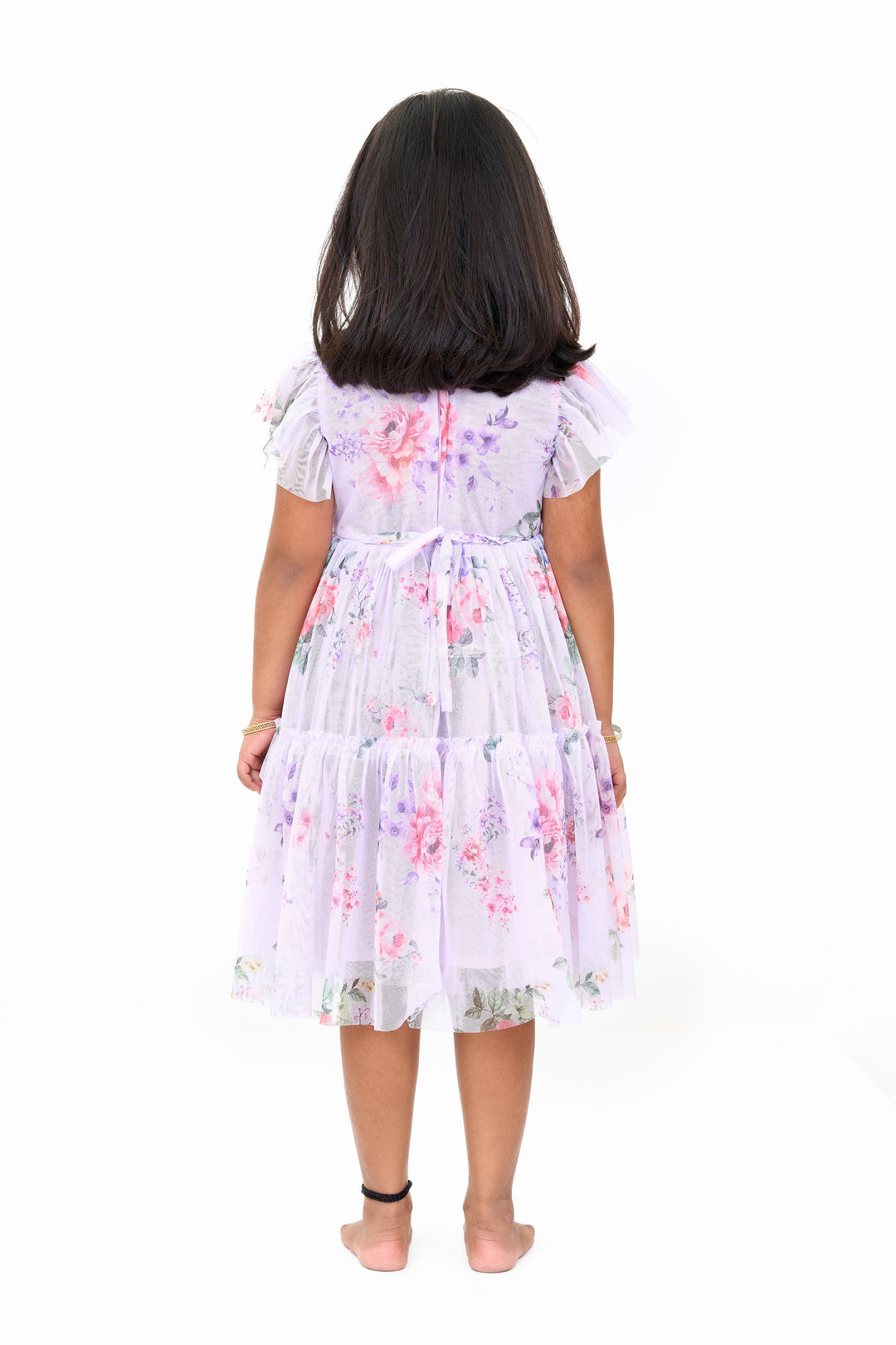 Elegant Floral Georgette Frock with Layered Ruffles and Bow Embellishments for Girls