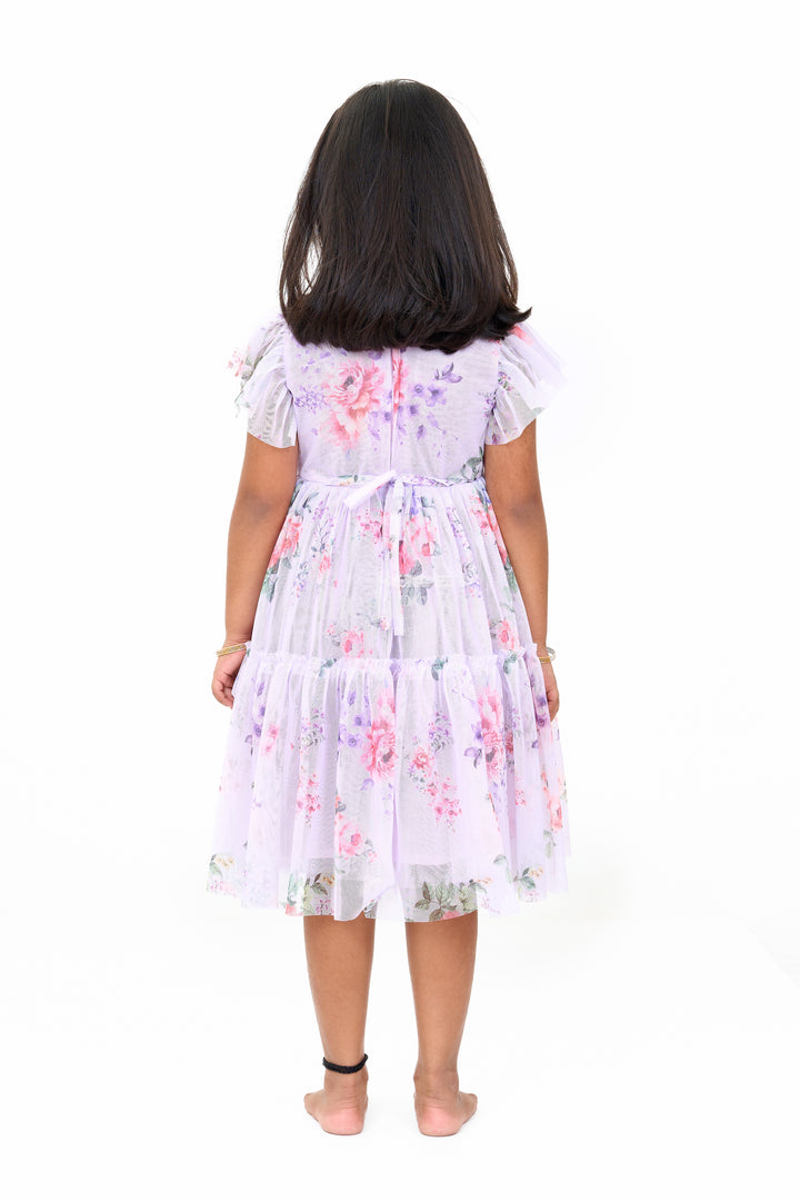 Elegant Floral Georgette Frock with Layered Ruffles and Bow Embellishments for Girls