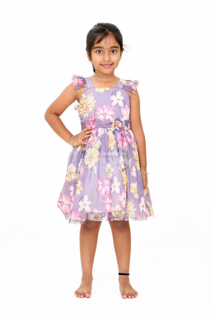 Georgette Girls Dress with Bold Yellow Floral Prints and Ruffled Shoulder Straps