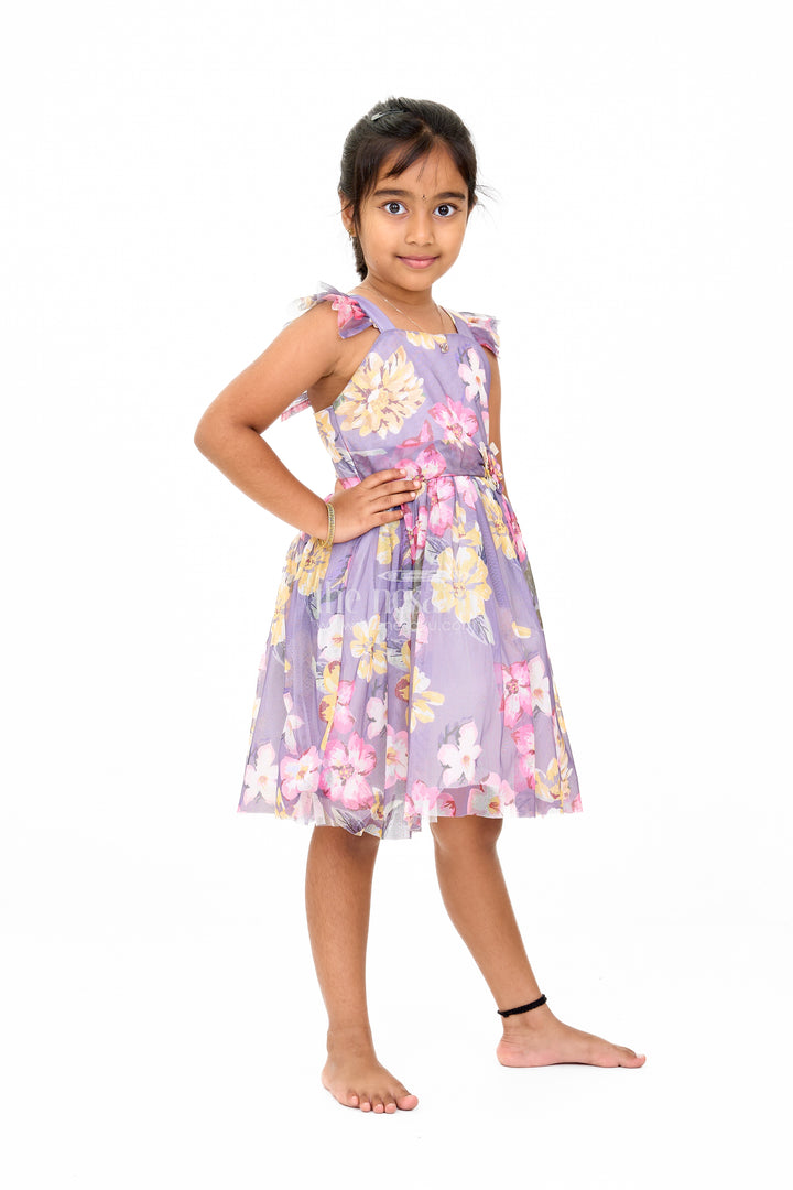 Georgette Girls Dress with Bold Yellow Floral Prints and Ruffled Shoulder Straps