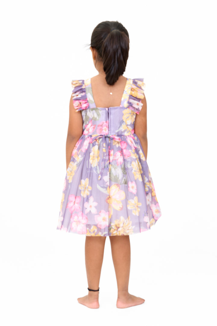 Georgette Girls Dress with Bold Yellow Floral Prints and Ruffled Shoulder Straps