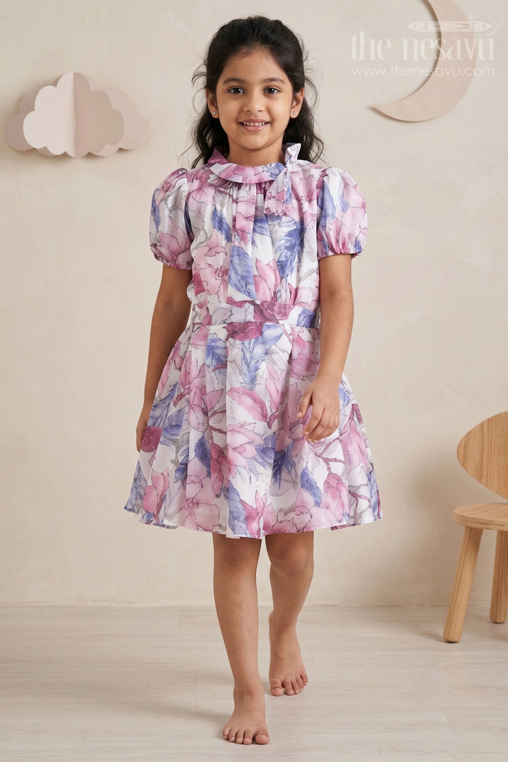 Girls Fancy Georgette Party Dress with Floral Prints and Puff Sleeves