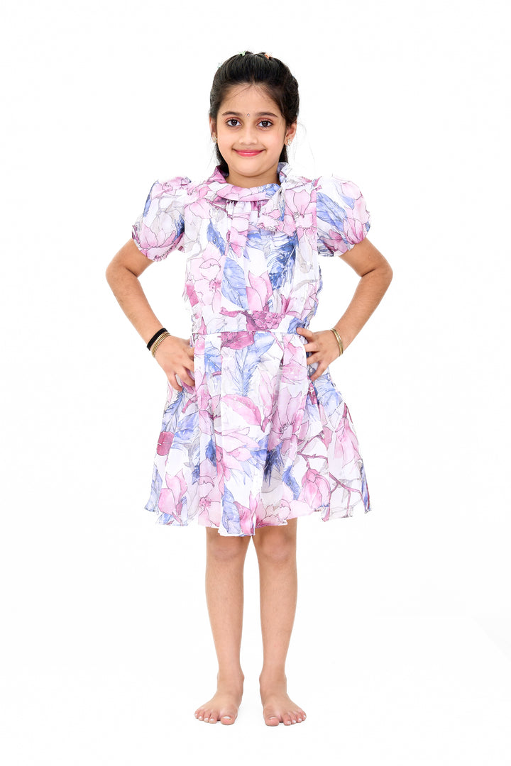 Girls Fancy Georgette Party Dress with Floral Prints and Puff Sleeves