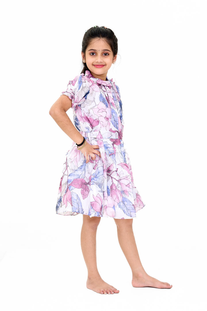 Girls Fancy Georgette Party Dress with Floral Prints and Puff Sleeves