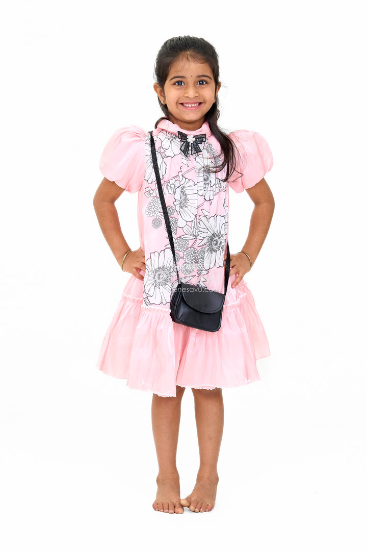 Elegant Girls Fancy Frock in Pink Georgette Fabric with Floral Print and Ruffled Hemline