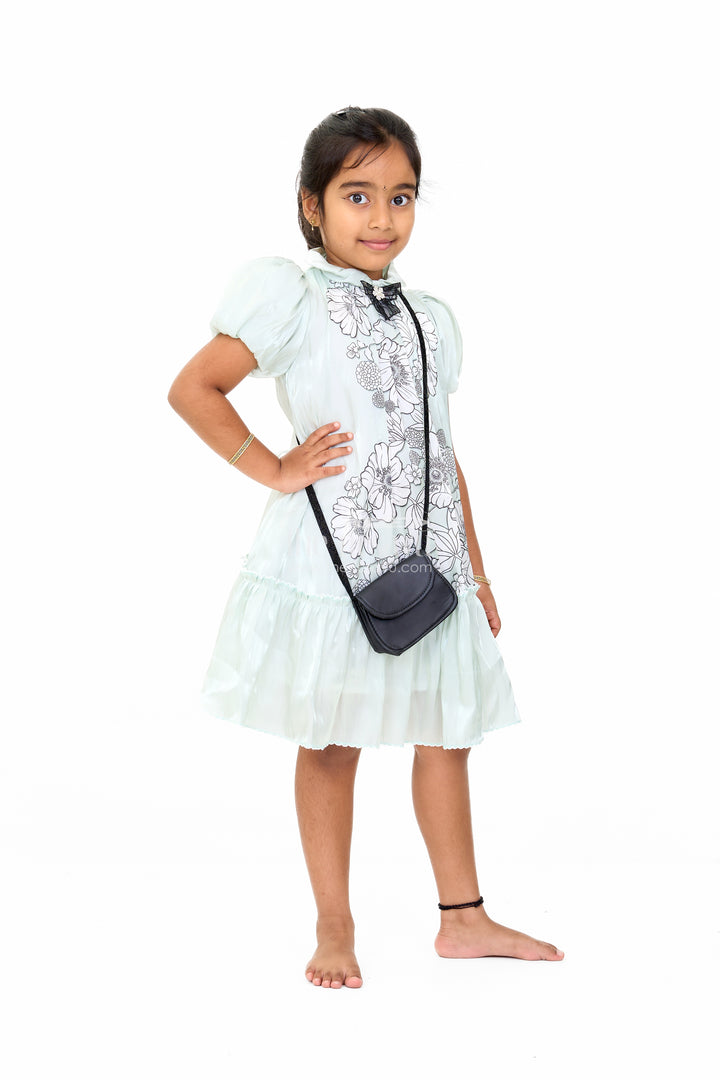 Graceful Girls Fancy Frock in Green Georgette with Floral Prints and Pleated Hem