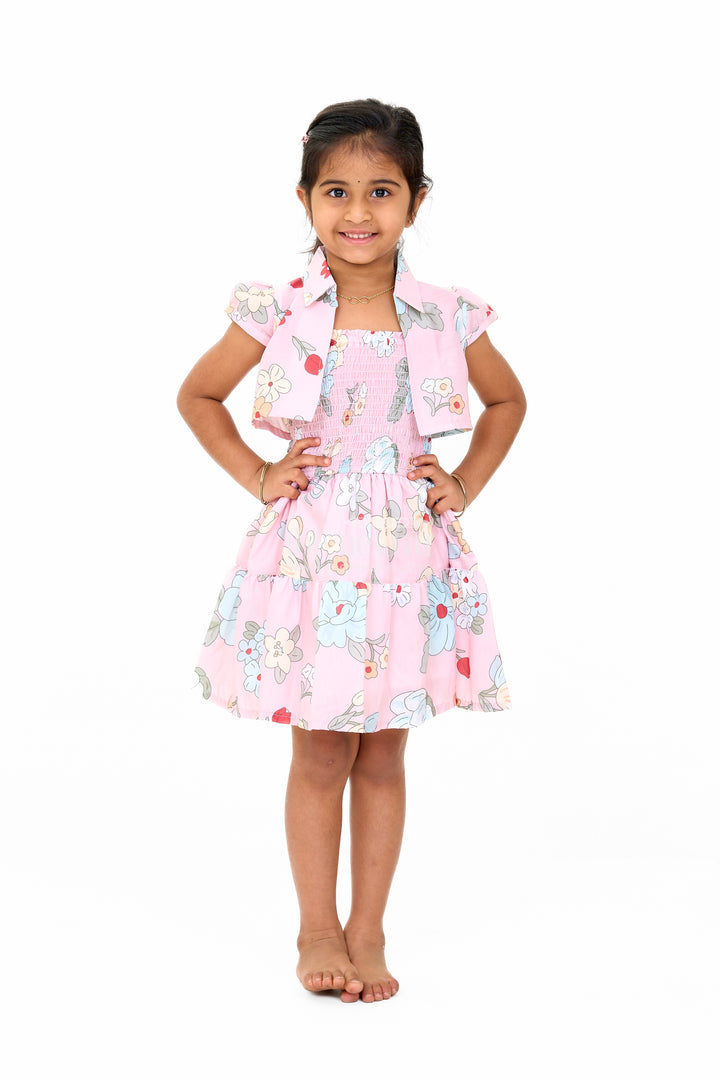 Lovely Girls Jacket Ethnic Dress with Pink Floral Patterns and Detachable Jacket