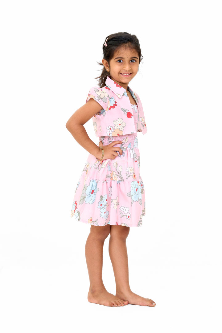 Lovely Girls Jacket Ethnic Dress with Pink Floral Patterns and Detachable Jacket