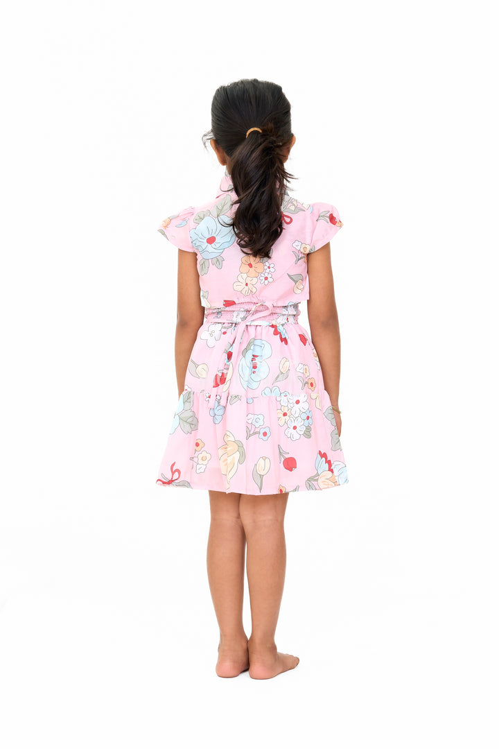 Lovely Girls Jacket Ethnic Dress with Pink Floral Patterns and Detachable Jacket