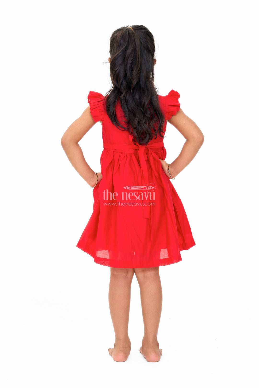 Charming Red Girls Georgette Dress with Elegant Bow and Pleated Sleeves