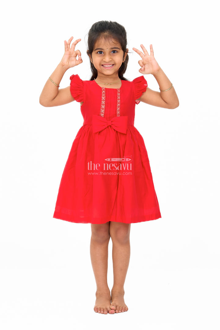 Charming Red Girls Georgette Dress with Elegant Bow and Pleated Sleeves