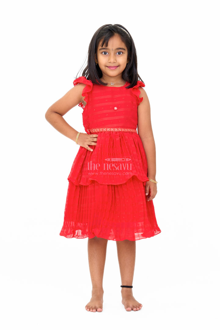Layered Red Party Wear Frock for Girls with Tiered Design and Ruffle Sleeves