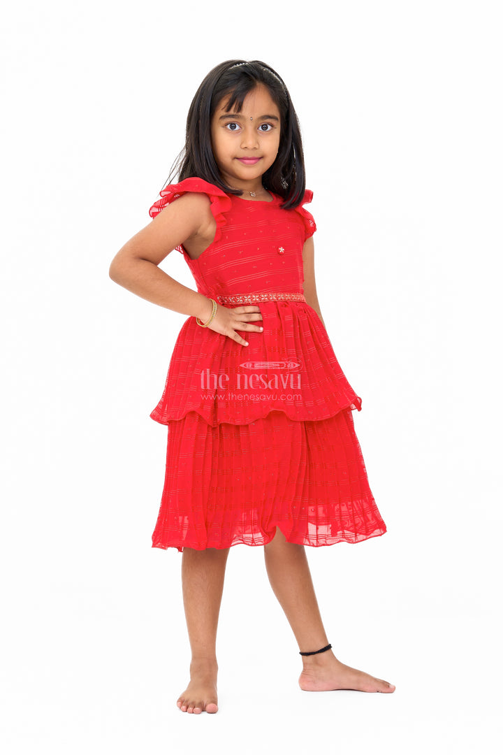 Layered Red Party Wear Frock for Girls with Tiered Design and Ruffle Sleeves
