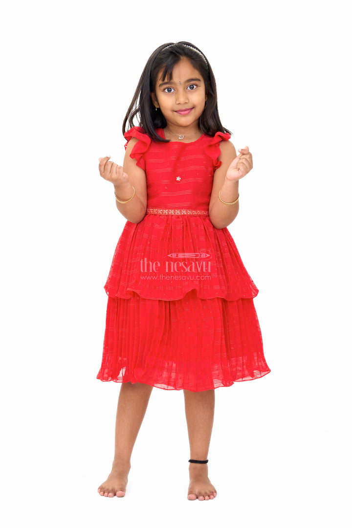 Layered Red Party Wear Frock for Girls with Tiered Design and Ruffle Sleeves