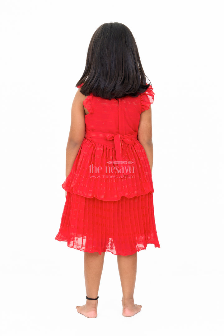 Layered Red Party Wear Frock for Girls with Tiered Design and Ruffle Sleeves