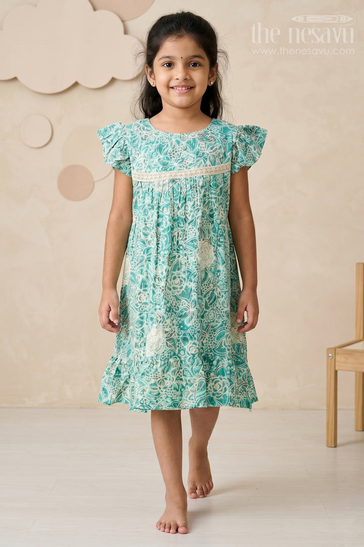 Stylish Girls Cotton One Piece Dress with Floral Print and Ruffle Hemline