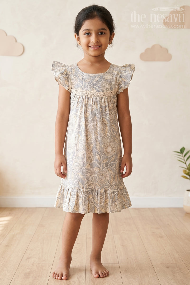 Elegant Girls Floral Cotton Dress with Vibrant Print and Ruffle Details