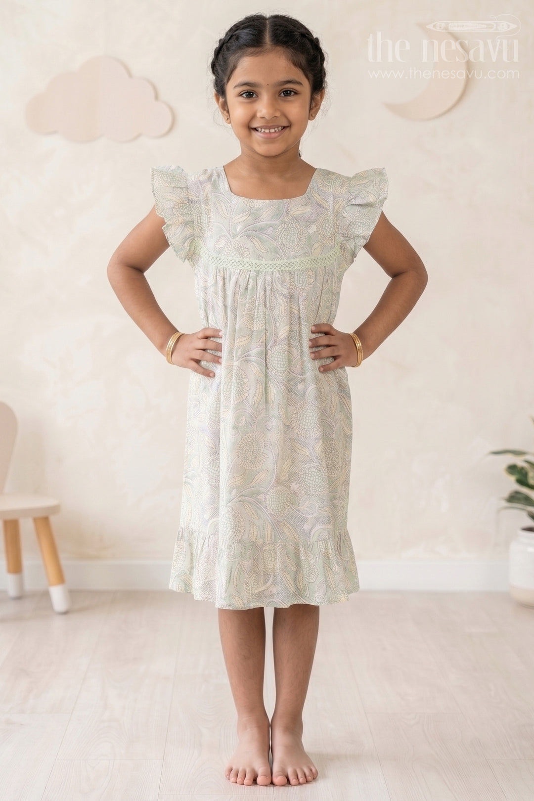 Charming Girls Ethnic Cotton Dress with Traditional Floral Print and Delicate Lace