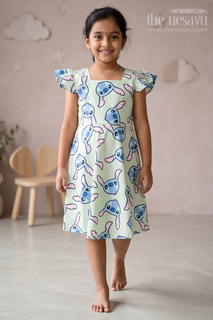 Adorable Girls Pure Cotton Frock with Playful Cartoon Print and Cap Sleeves