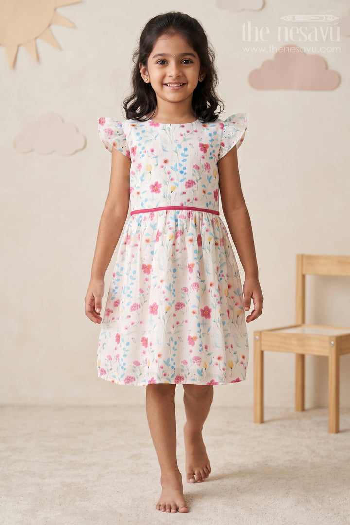 Girls Fancy Mini Dress with Floral Embroidery, Ruffled Sleeves, and Red Waistband