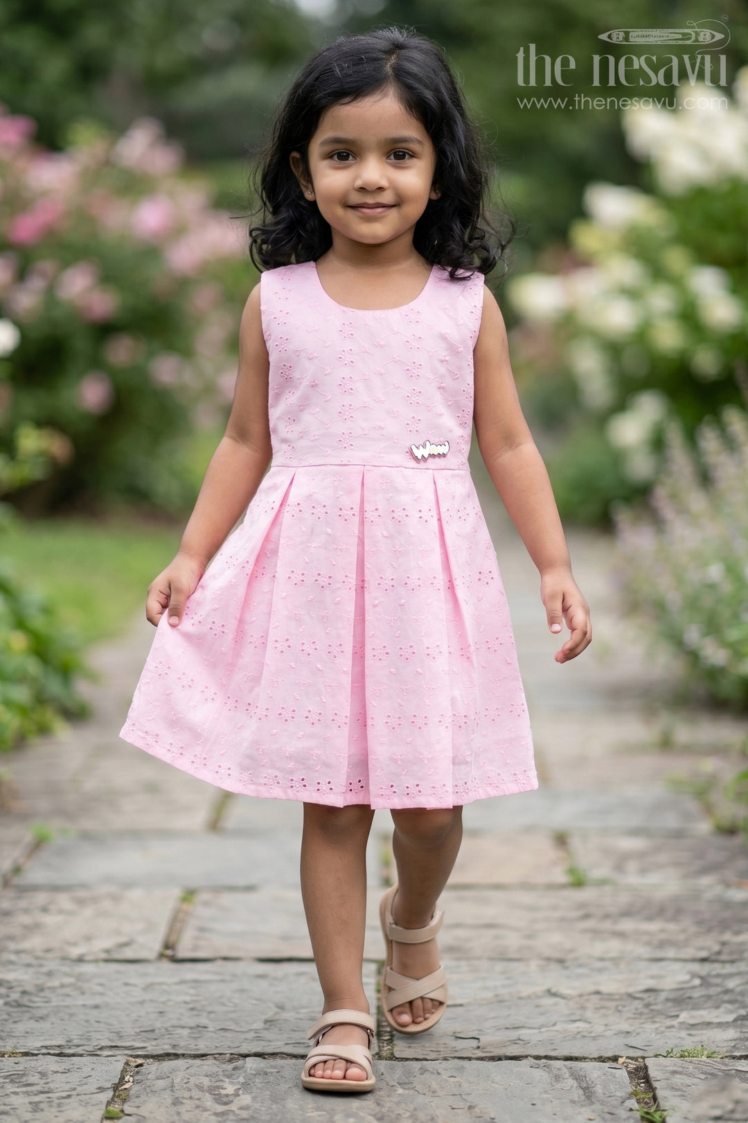 Girls Cotton Dress Short in Pink with Elegant Eyelet Detailing