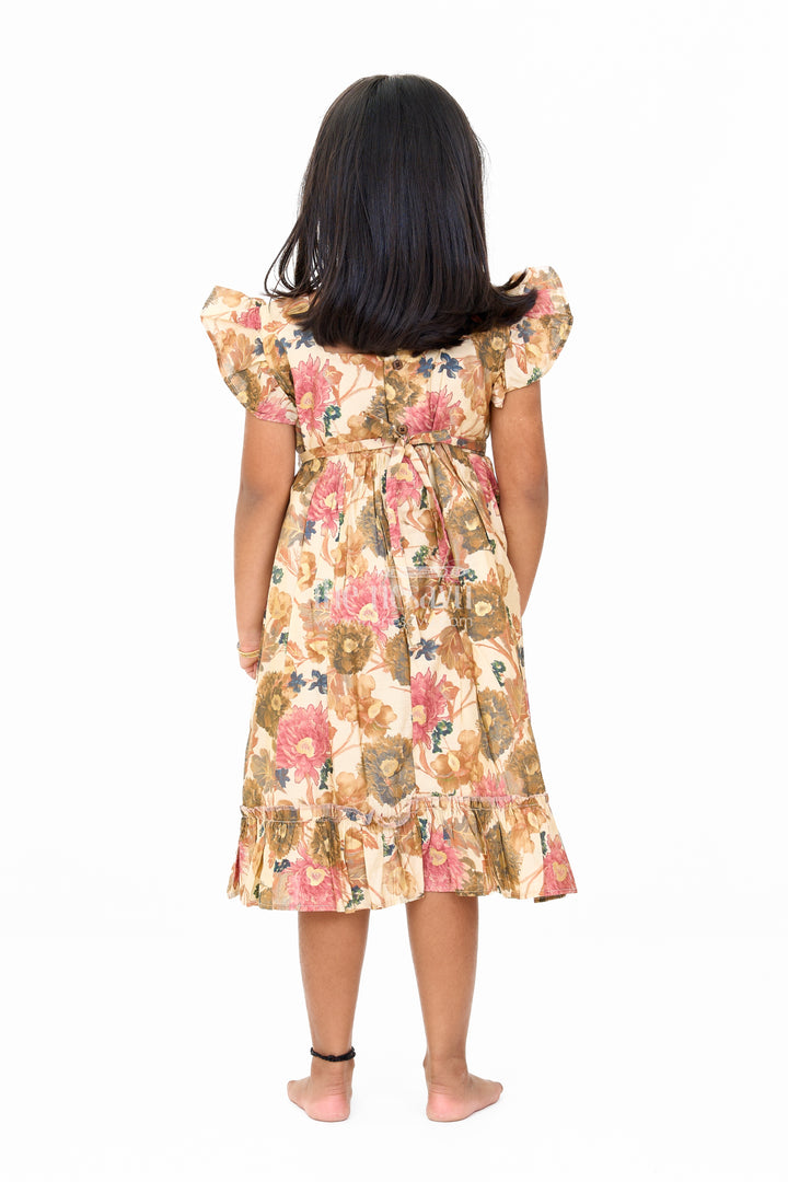 Long Cotton Frock for Girls in Beige Floral Design with Ruffle Details