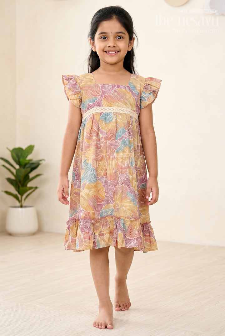 Organza Frock for Girls in Multicolor Leaf Pattern with Flared Design