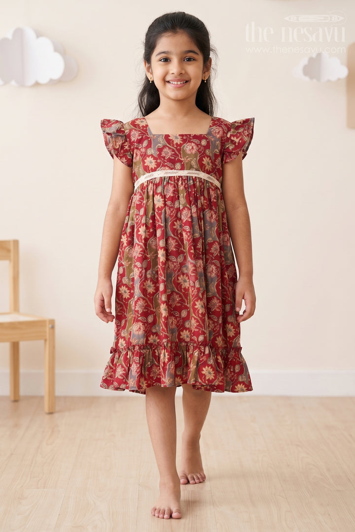 Party Wear Gown for Girls in Red Floral Print with Ruffled Hem