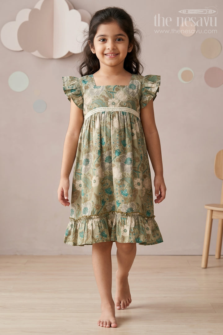 Long Frock for Girls in Green Floral Design with Lace Waist and Ruffle Hem