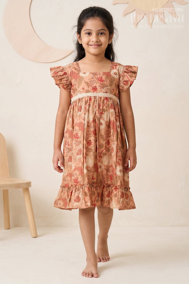 Frills Frock for Girls in Warm Beige Floral Print with Lace Detailing