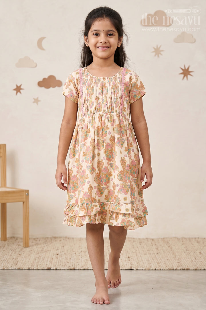 Charming Multicolor Girls Cotton Midi Frock with Floral Prints and Ruffled Hem