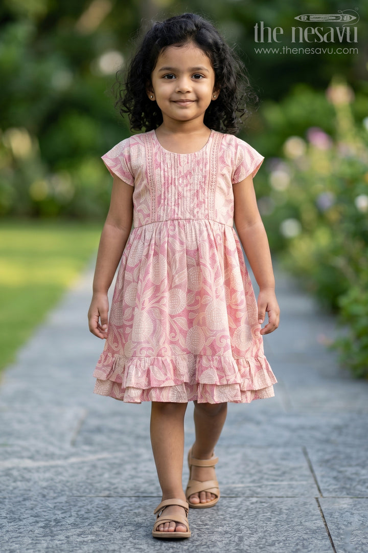 Charming Pink Cotton Girls Frock with Floral Patterns and Ruffled Sleeves for Everyday Wear